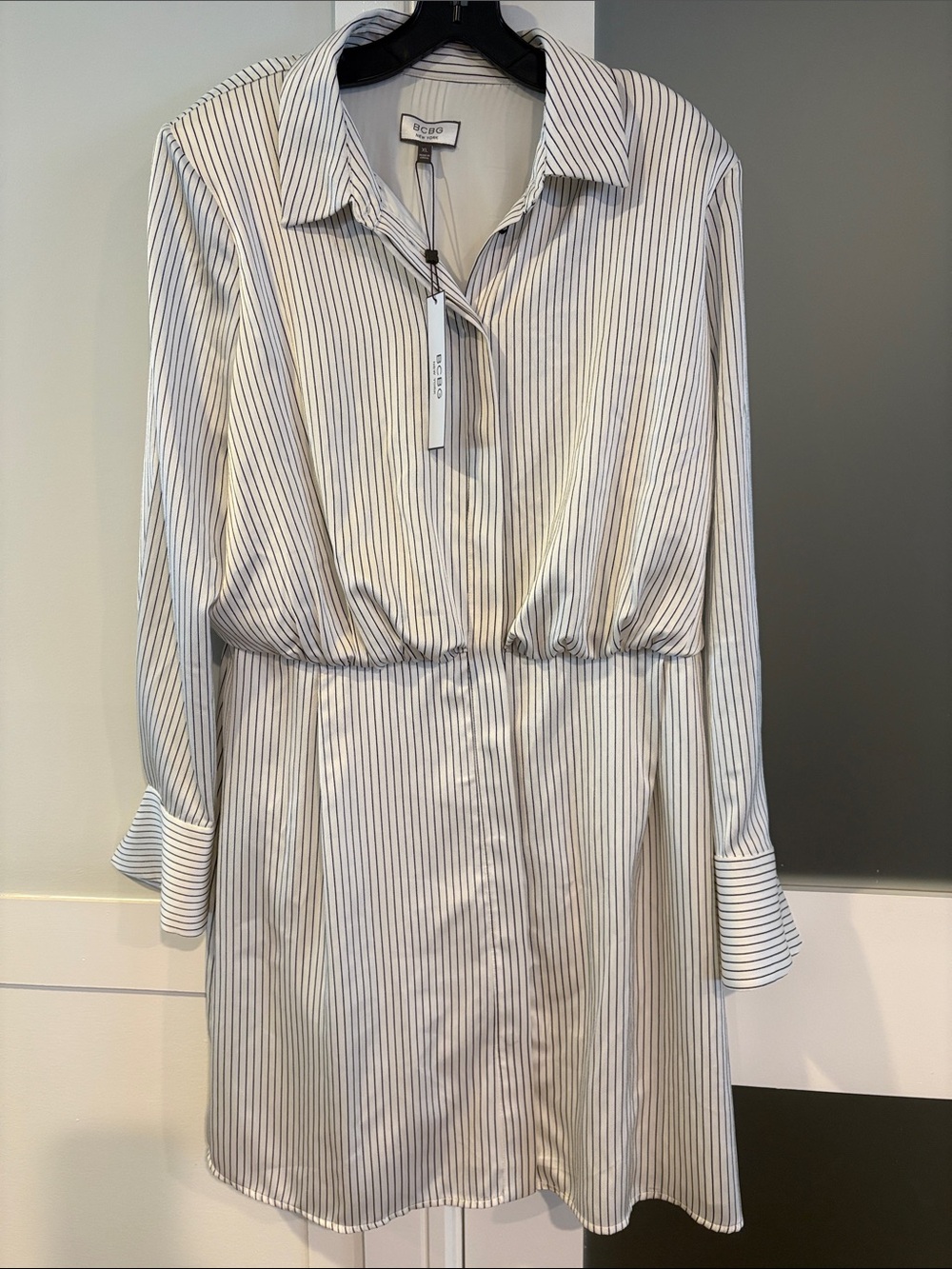 BCBG New York White with Black Pinstripes, Long Sleeve Shirt Dress Size XL NWT
